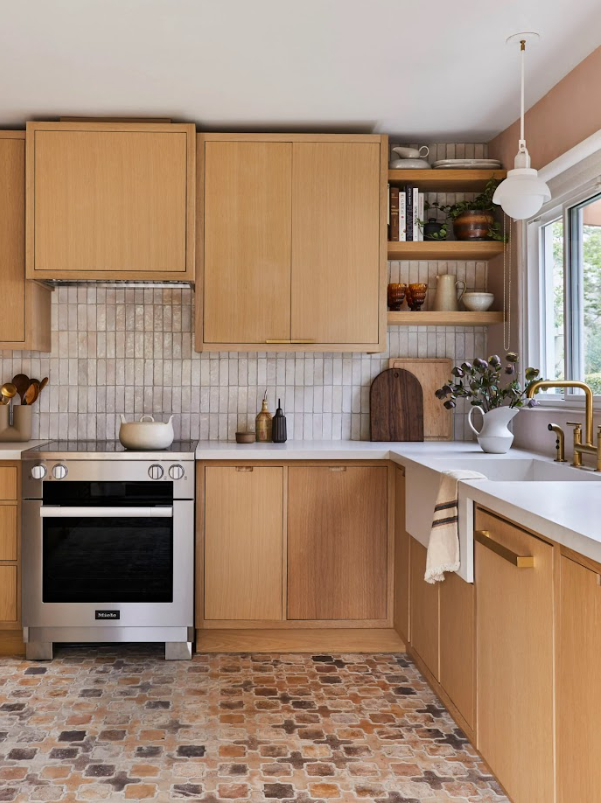 Warm oak cabinetry and handmade tile in the 859 Poinsettia kitchen remodel